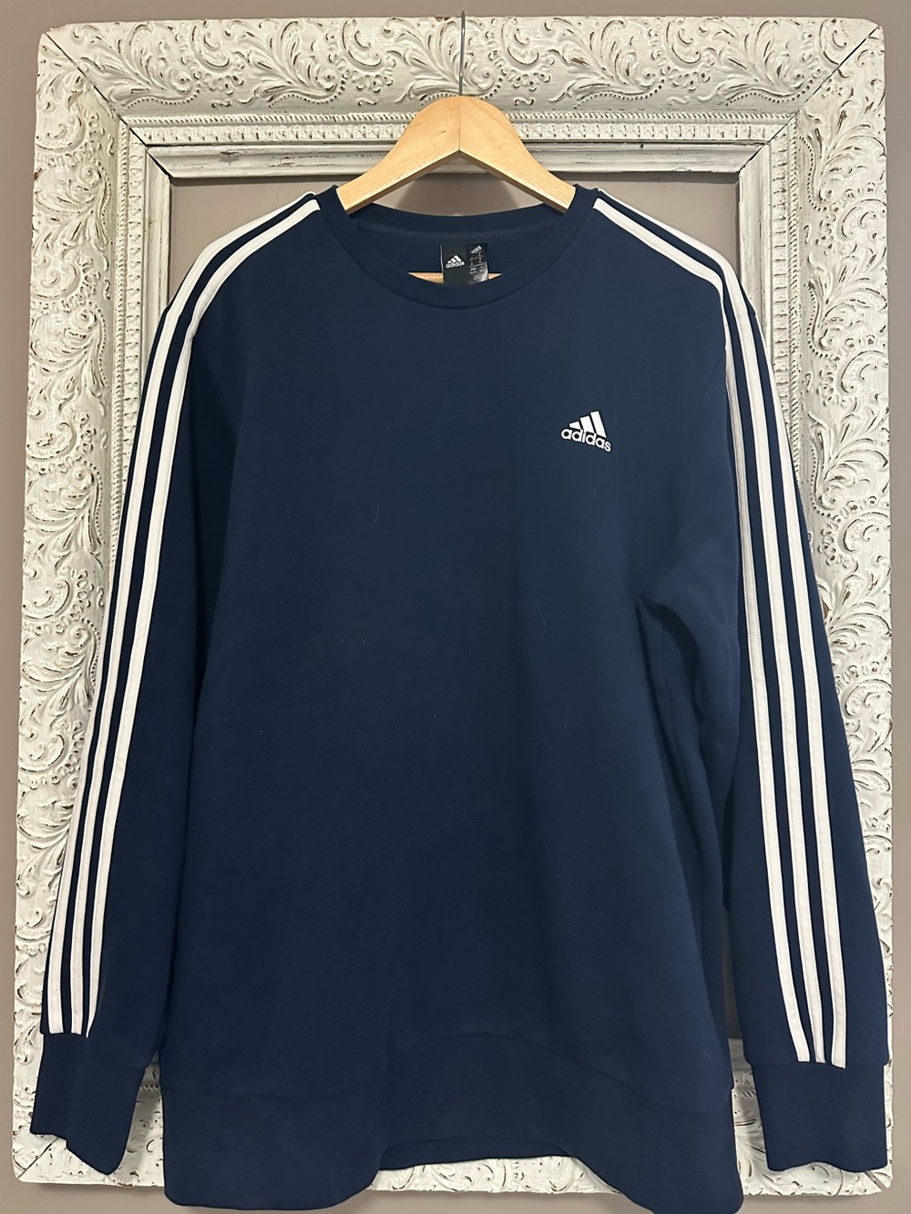 adidas Navy Crewneck Sweatshirt with White Sleeve Stripes XL